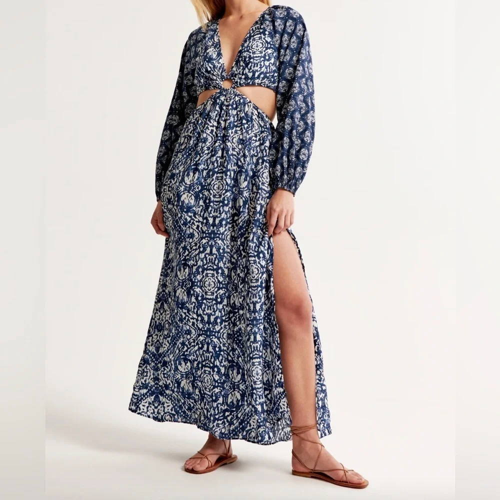 Abercrombie & Fitch Navy and White Dress Long-sleeve Plunge Cutout Maxi Dress XS